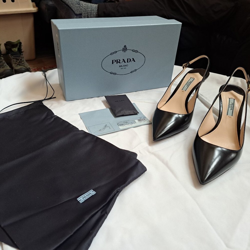 Prada. Black leather slingback heels. Size 10.5